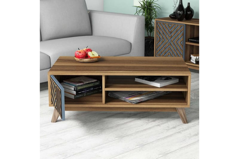 Hovdane Sofabord 105 cm med Opbevaring 2 Hylder Linjer + Ska - Brun/Blå - Møbler - Borde - Sofabord