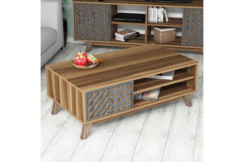 Hovdane Sofabord 105 cm med Opbevaring 2 Hylder Linjer + Ska - Brun/Blå - Møbler - Borde - Sofabord