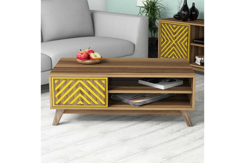 Hovdane Sofabord 105 cm med Opbevaring 2 Hylder Linjer + Ska - Brun/Gul - Møbler - Borde - Sofabord