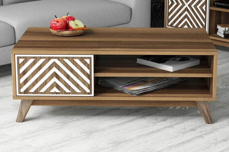 Hovdane Sofabord 105 cm med Opbevaring 2 Hylder Linjer + Ska, Brun/Hvid