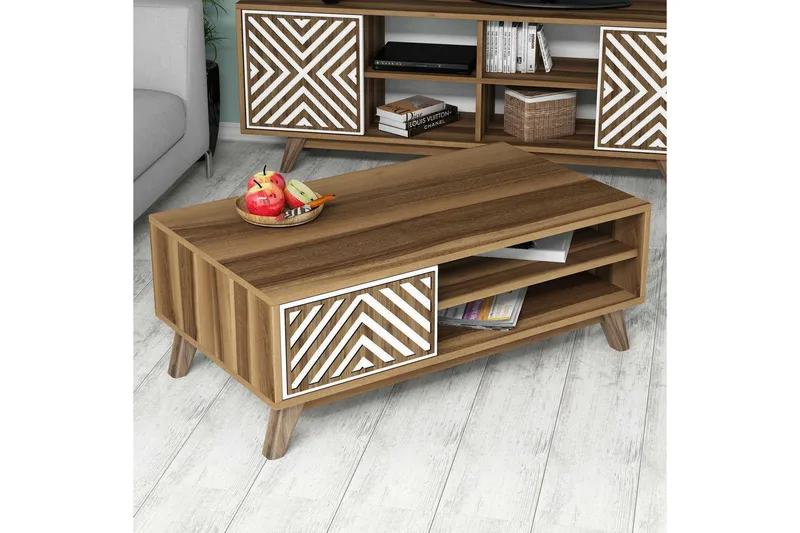 Hovdane Sofabord 105 cm med Opbevaring 2 Hylder Linjer + Ska - Brun/Hvid - Møbler - Borde - Sofabord