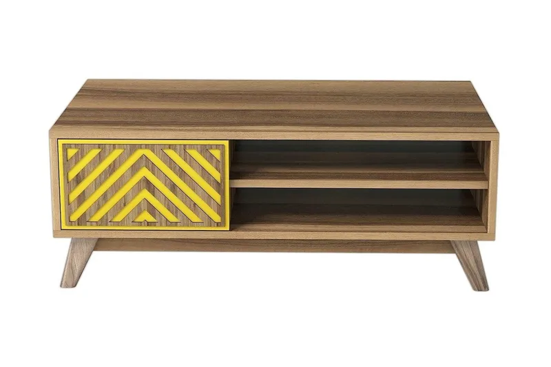 Hovdane Sofabord 105 cm med Opbevaring 2 Hylder Linjer + Ska, Brun/Gul