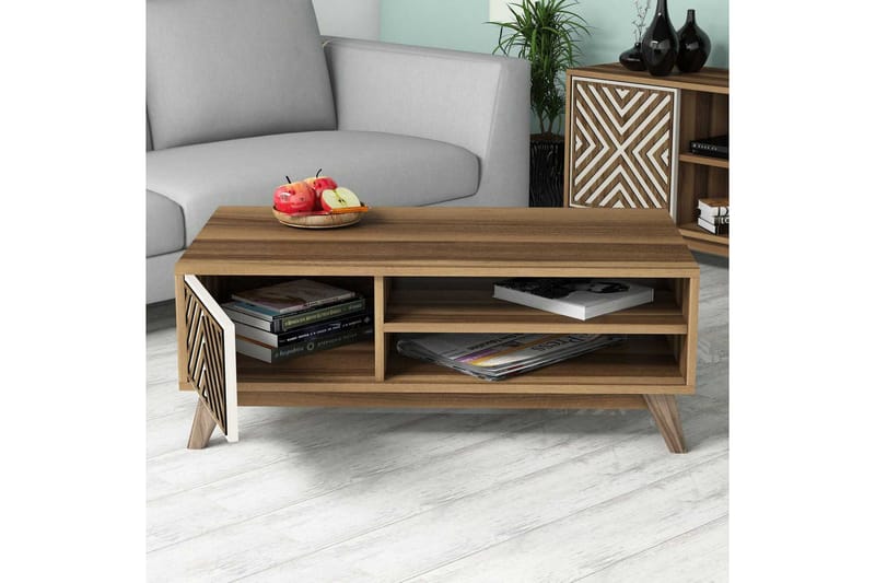 Hovdane Sofabord 105 cm med Opbevaring 2 Hylder + Skab Linje - Brun/Cremehvid - Møbler - Borde - Sofabord