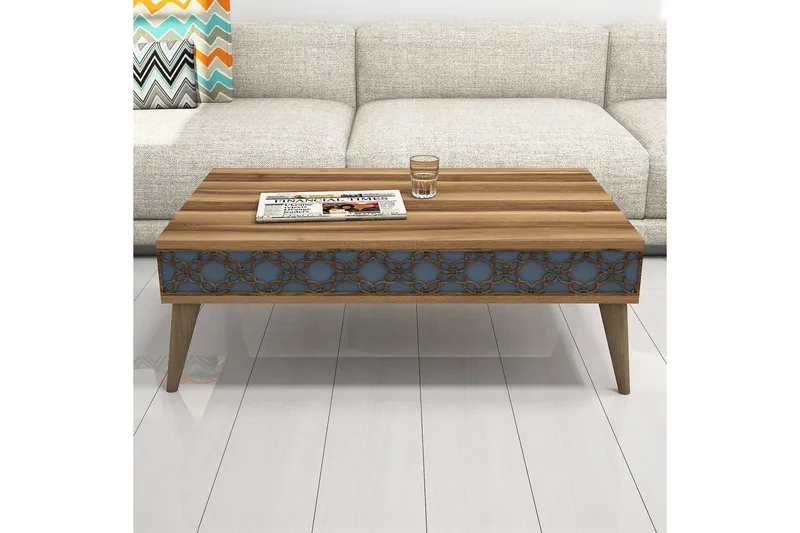Hovdane Sofabord 105 cm med Opbevaring Hylde Kædemønster - Brun/Blå - Møbler - Borde - Sofabord