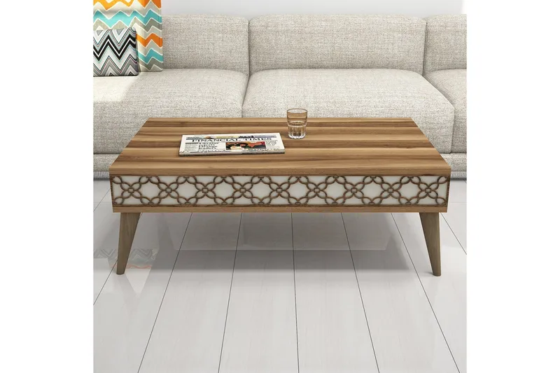 Hovdane Sofabord 105 cm med Opbevaring Hylde Kædemønster - Brun/Cremehvid - Møbler - Borde - Sofabord