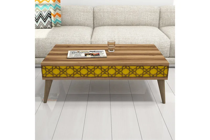 Hovdane Sofabord 105 cm med Opbevaring Hylde Kædemønster - Brun/Gul - Møbler - Borde - Sofabord