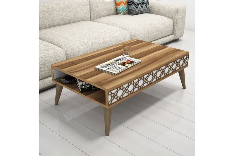 Hovdane Sofabord 105 cm med Opbevaring Hylde Kædemønster - Brun/Hvid - Møbler - Borde - Sofabord