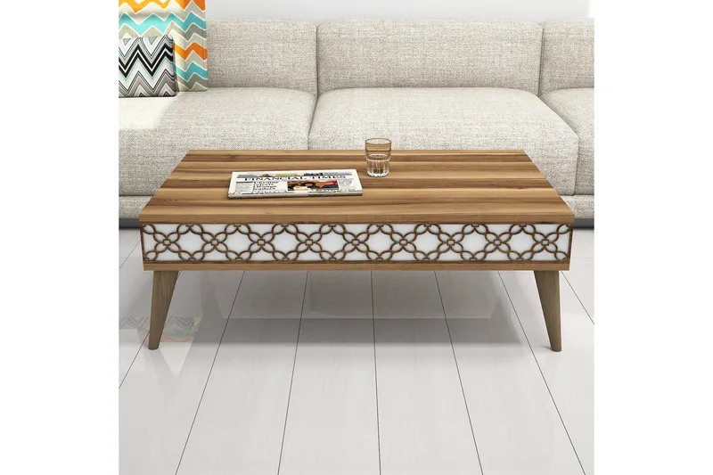 Hovdane Sofabord 105 cm med Opbevaring Hylde Kædemønster - Brun/Hvid - Møbler - Borde - Sofabord