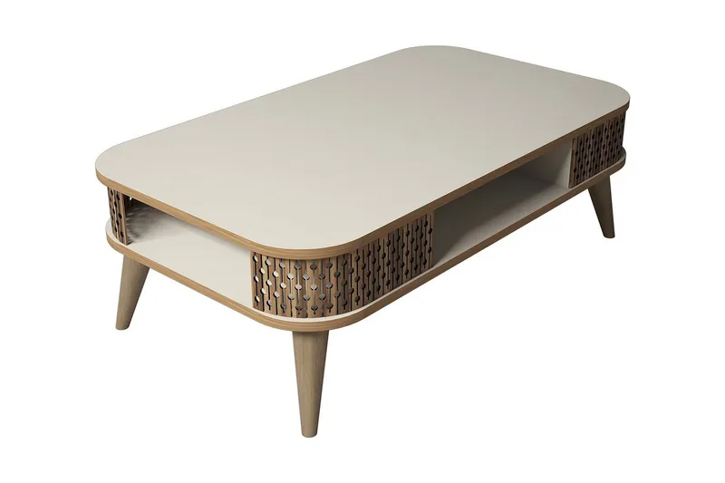 Hovdane Sofabord 105 cm med Opbevaring Hylde Runde Hjørne, Hvid/Brun