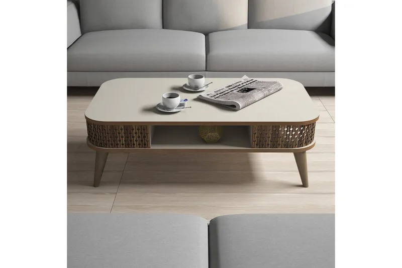 Hovdane Sofabord 105 cm med Opbevaring Hylde Runde Hjørne - Hvid/Brun - Møbler - Borde - Sofabord