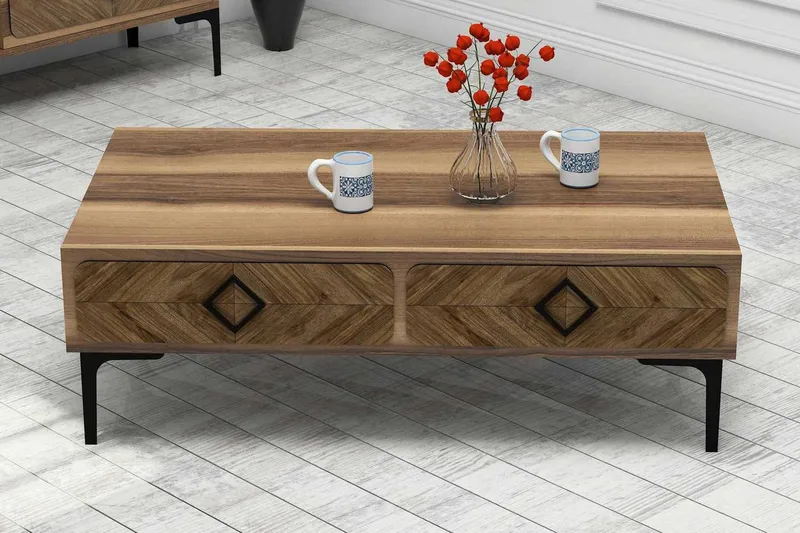 Hovdane Sofabord 105 cm med Opbevaring Hylde Sillebensmønste, Brun