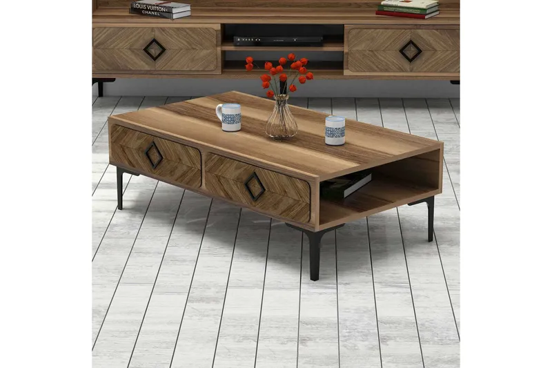 Hovdane Sofabord 105 cm med Opbevaring Hylde Sillebensmønste - Brun - Møbler - Borde - Sofabord