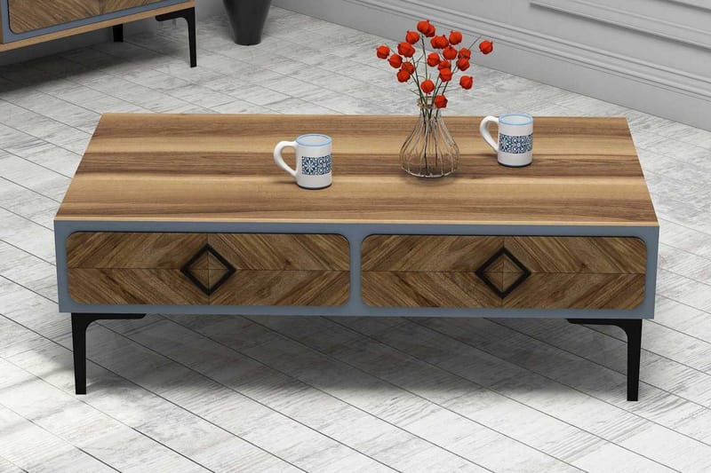 Hovdane Sofabord 105 cm med Opbevaring Hylde Sillebensmønste, Brun/Blå