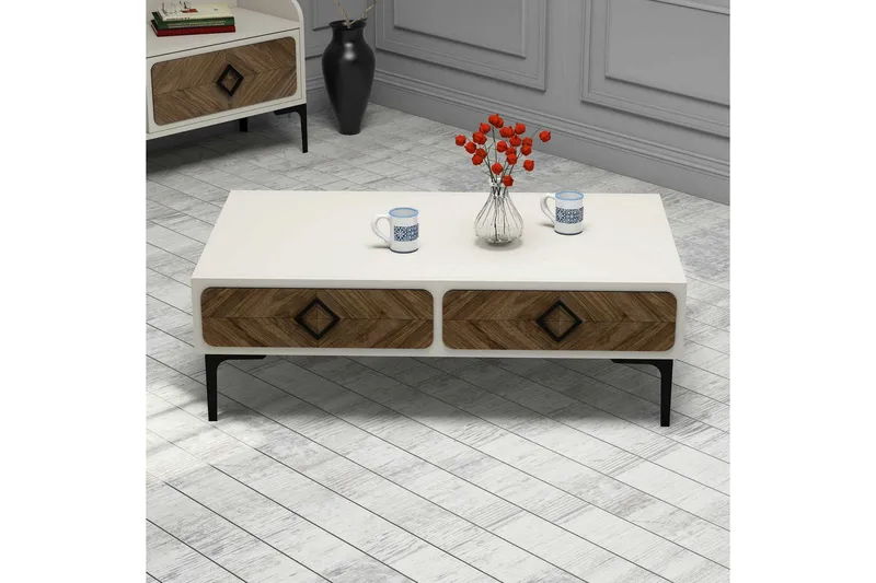 Hovdane Sofabord 105 cm med Opbevaring Hylde Sillebensmønste - Cremehvid/Brun - Møbler - Borde - Sofabord