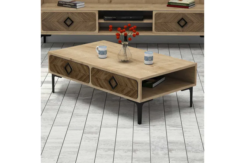 Hovdane Sofabord 105 cm med Opbevaring Hylde Sillebensmønste - Lysebrun/Brun - Møbler - Borde - Sofabord