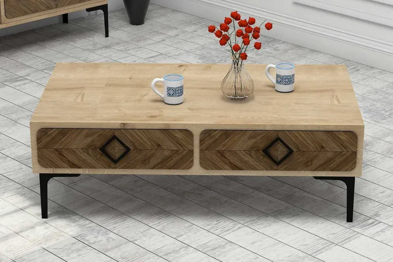 Hovdane Sofabord 105 cm med Opbevaring Hylde Sillebensmønste, Lysebrun/Brun