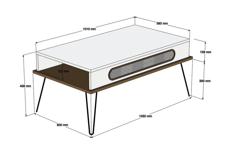 Hovdane Sofabord 105 cm med Opbevaring Hylde Triangelmønster - Brun/Hvid - Sofabord