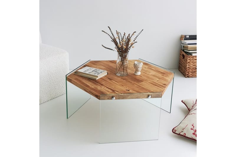 Huven 80 cm Hexagon Sofabord med Glasben i Fyr - Natur - Møbler - Borde - Sofabord