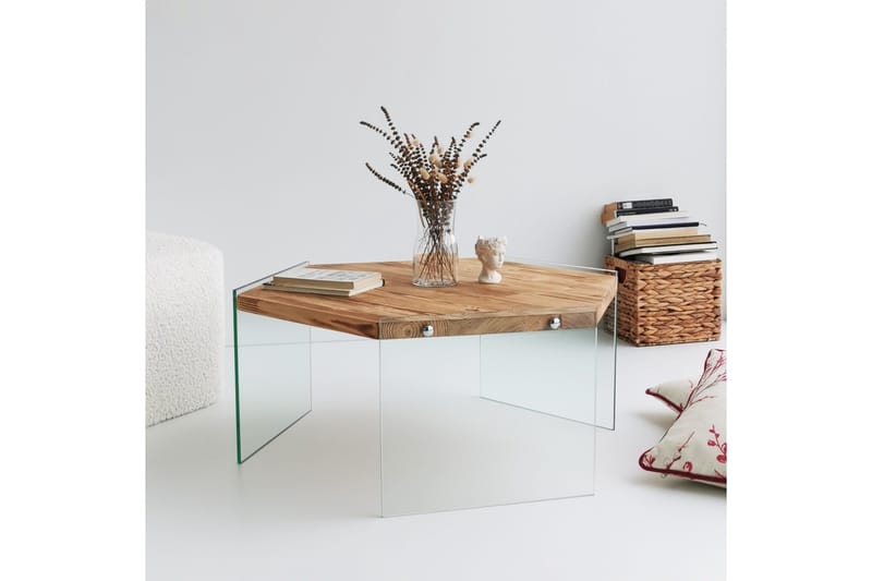 Huven 80 cm Hexagon Sofabord med Glasben i Fyr - Natur - Møbler - Borde - Sofabord