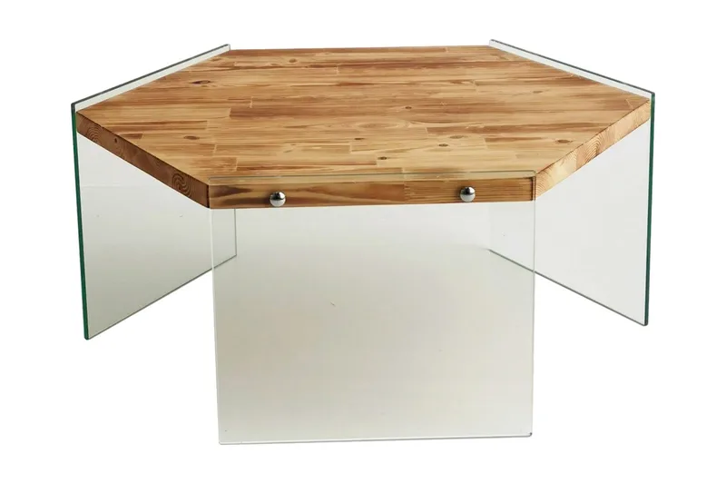 Huven 80 cm Hexagon Sofabord med Glasben i Fyr, Natur