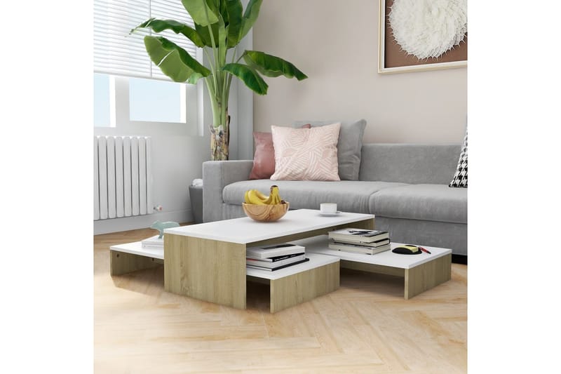 indskudt sofabordssæt 100x100x26,5 cm hvid og sonoma-eg - Beige - Sofabord - Indskudsborde