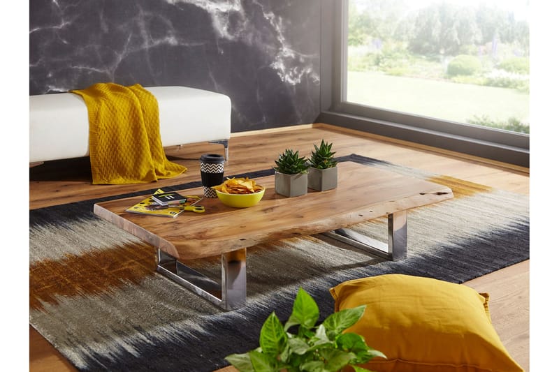 Kaiya Sofabord 115 cm - Akacie/Krom - Semmenfoldeligt bord - Spejlbord - Sofabord - Sofabord med opbevaring - sofabord med hjul - Hæve sænke sofabord