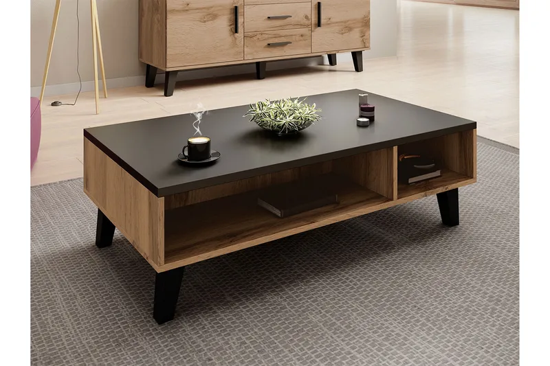 Kardos Sofabord 110 cm med Opbevaring Hylder - Natur/Sort - Møbler - Borde - Sofabord