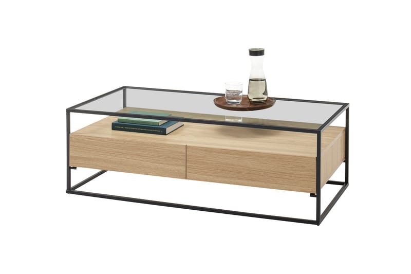 Karysma Sofabord 120 cm med Opbevaring 2 Skuffer + Hylde - Glas/Egedekor/Sort - Sofabord