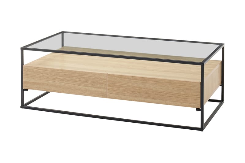 Karysma Sofabord 120 cm med Opbevaring 2 Skuffer + Hylde - Glas/Egedekor/Sort - Sofabord