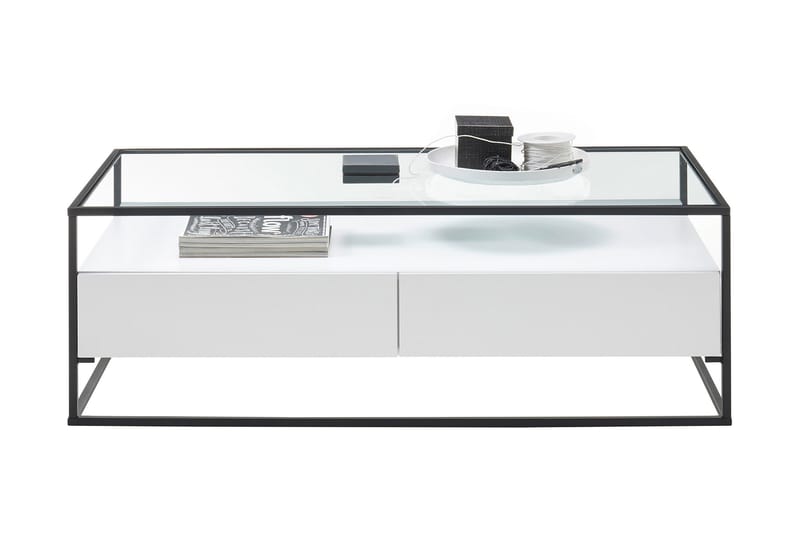 Karysma Sofabord 120 cm med Opbevaring 2 Skuffer + Hylde - Glas/Hvid - Møbler - Borde - Sofabord