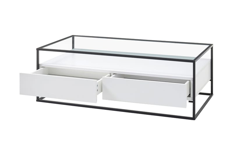 Karysma Sofabord 120 cm med Opbevaring 2 Skuffer + Hylde - Glas/Hvid - Sofabord