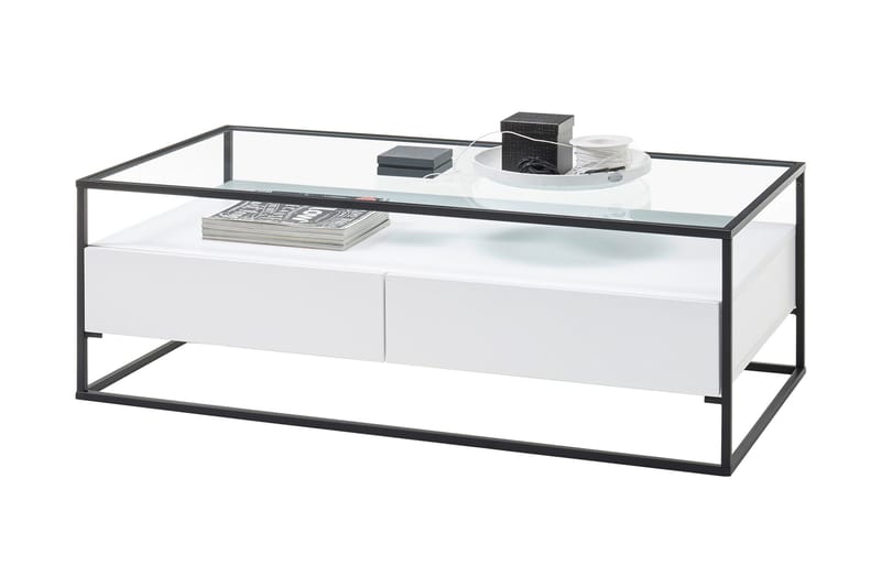 Karysma Sofabord 120 cm med Opbevaring 2 Skuffer + Hylde - Glas/Hvid - Sofabord