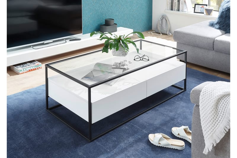 Karysma Sofabord 120 cm med Opbevaring 2 Skuffer + Hylde - Glas/Hvid - Sofabord