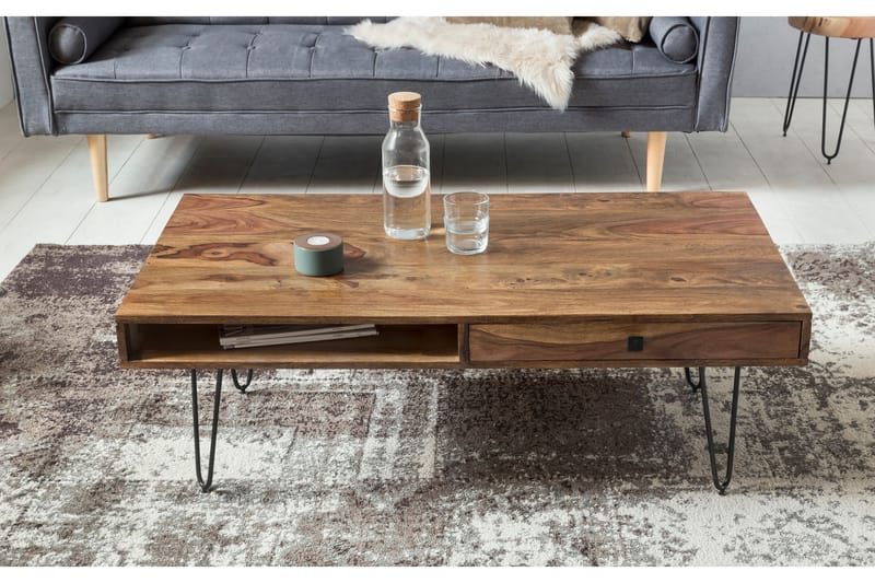 Langner Sofabord 117 cm med Opbevaring 2 Skuffer + Hylder - Massivt Træ - Møbler - Borde - Sofabord