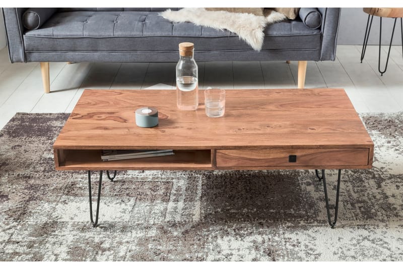 Langner Sofabord 60 cm med Opbevaring 2 Skuffer + Hylder - Akacie/Sort - Møbler - Borde - Sofabord