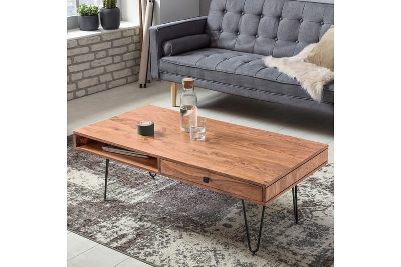 Langner Sofabord 60 cm med Opbevaring 2 Skuffer + Hylder - Akacie/Sort - Møbler - Borde - Sofabord