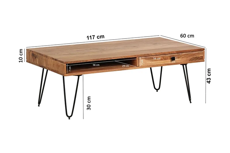Langner Sofabord 60 cm med Opbevaring 2 Skuffer + Hylder - Akacie/Sort - Møbler - Borde - Sofabord - Sofabord med opbevaring