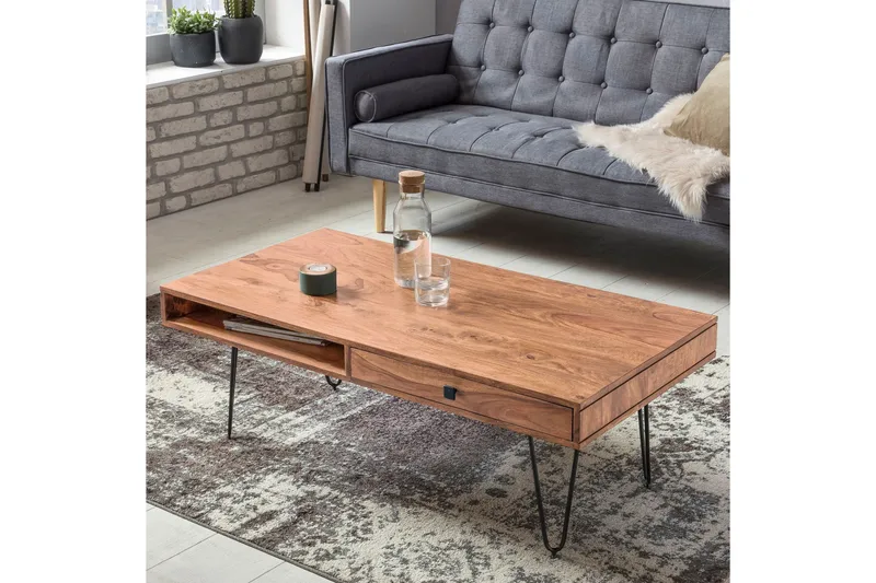 Langner Sofabord 60 cm med Opbevaring 2 Skuffer + Hylder - Akacie/Sort - Møbler - Borde - Sofabord - Sofabord med opbevaring