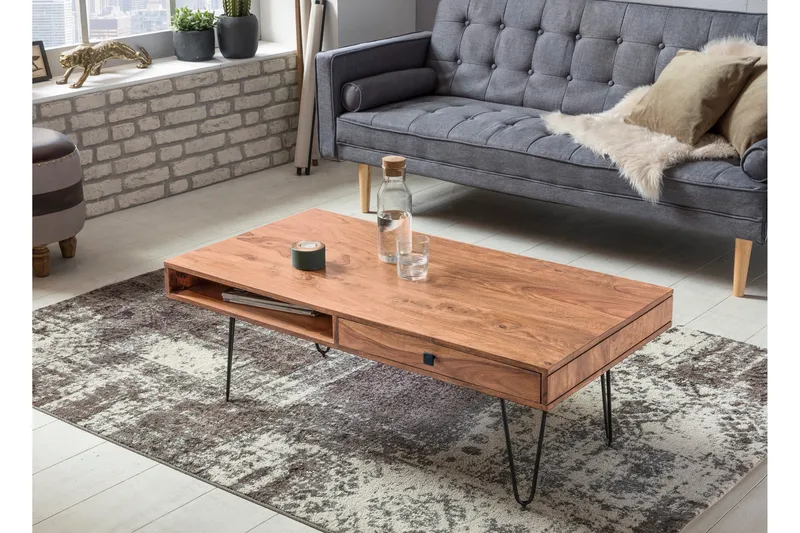 Langner Sofabord 60 cm med Opbevaring 2 Skuffer + Hylder - Akacie/Sort - Møbler - Borde - Sofabord - Sofabord med opbevaring