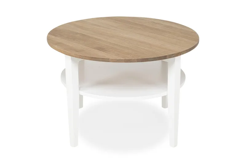 Mantorp Sofabord 80 cm Rundt med Opbevaring Hylde, Massivt Eg/Hvid