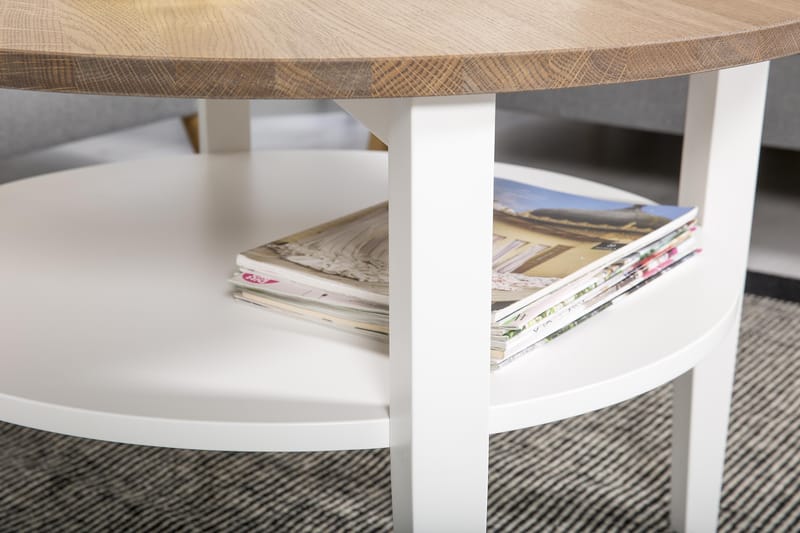 Mantorp Sofabord 80 cm Rundt med Opbevaring Hylde - Massivt Eg/Hvid - Møbler - Borde - Sofabord - Sofabord med opbevaring