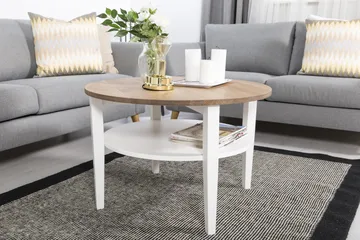 Mantorp Sofabord 80 cm Rundt med Opbevaring Hylde - Massivt Eg/Hvid - Møbler - Borde - Sofabord - Sofabord med opbevaring