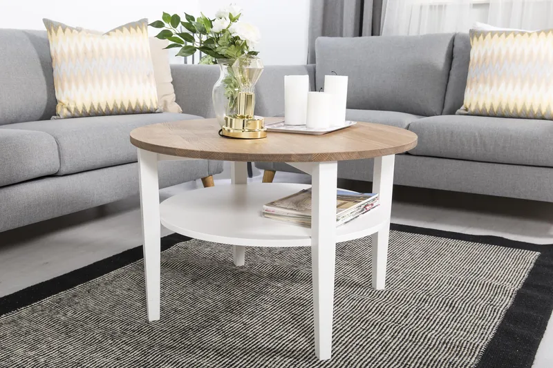 Mantorp Sofabord 80 cm Rundt med Opbevaring Hylde - Massivt Eg/Hvid - Møbler - Borde - Sofabord - Sofabord med opbevaring