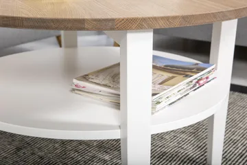 Mantorp Sofabord 80 cm Rundt med Opbevaring Hylde - Massivt Eg/Hvid - Møbler - Borde - Sofabord - Sofabord med opbevaring