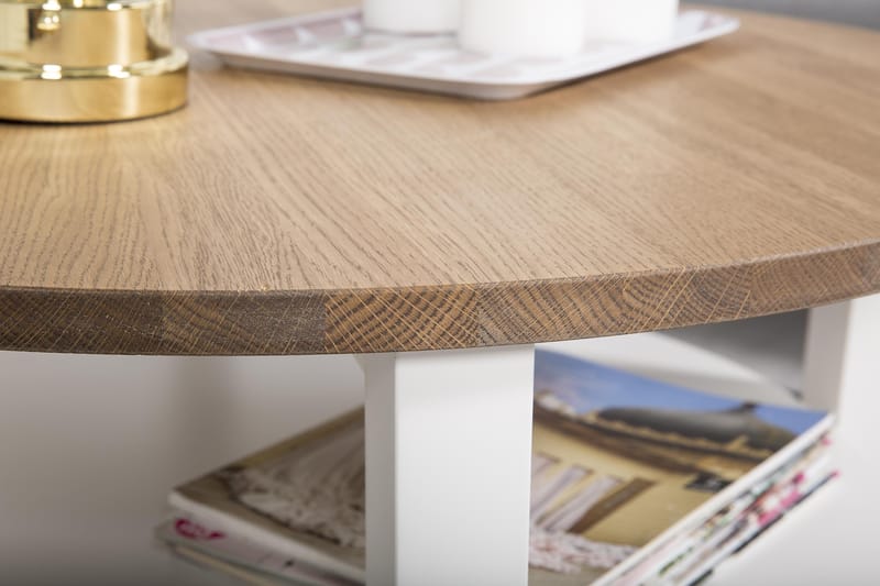 Mantorp Sofabord 80 cm Rundt med Opbevaring Hylde - Massivt Eg/Hvid - Møbler - Borde - Sofabord - Sofabord med opbevaring