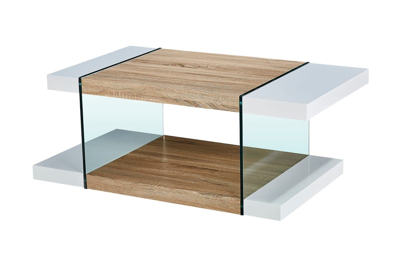 Marcelen Sofabord 120 cm med Opbevaring Hylde - Glas/Hvid/Brun - Sofabord