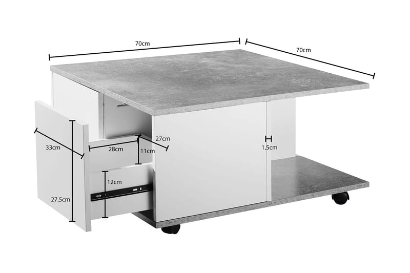 Marchall 70 cm Kvadratisk Sofabord med Skuffer og Hjul i Træ - Betongrå - Møbler - Borde - Sofabord - sofabord med hjul