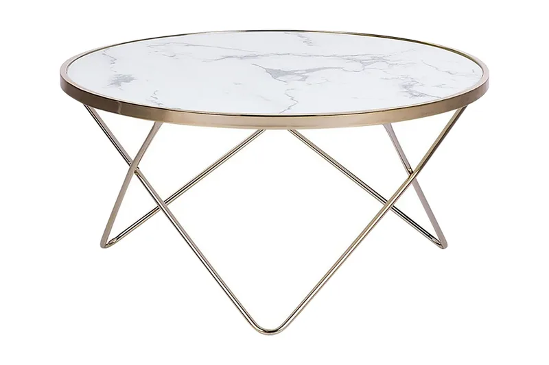 Meerah Sofabord 80 cm Rundt Marmormønster, Glas/Hvid/Guld
