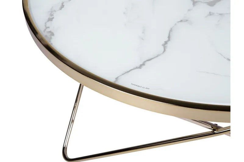 Meerah Sofabord 80 cm Rundt Marmormønster - Glas/Hvid/Guld - Møbler - Borde - Sofabord