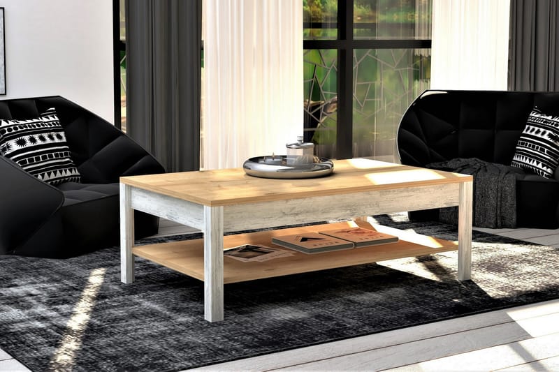 Meranges Sofabord 100 cm med Opbevaring Hylde - Natur/Blå/Hvid - Sofabord